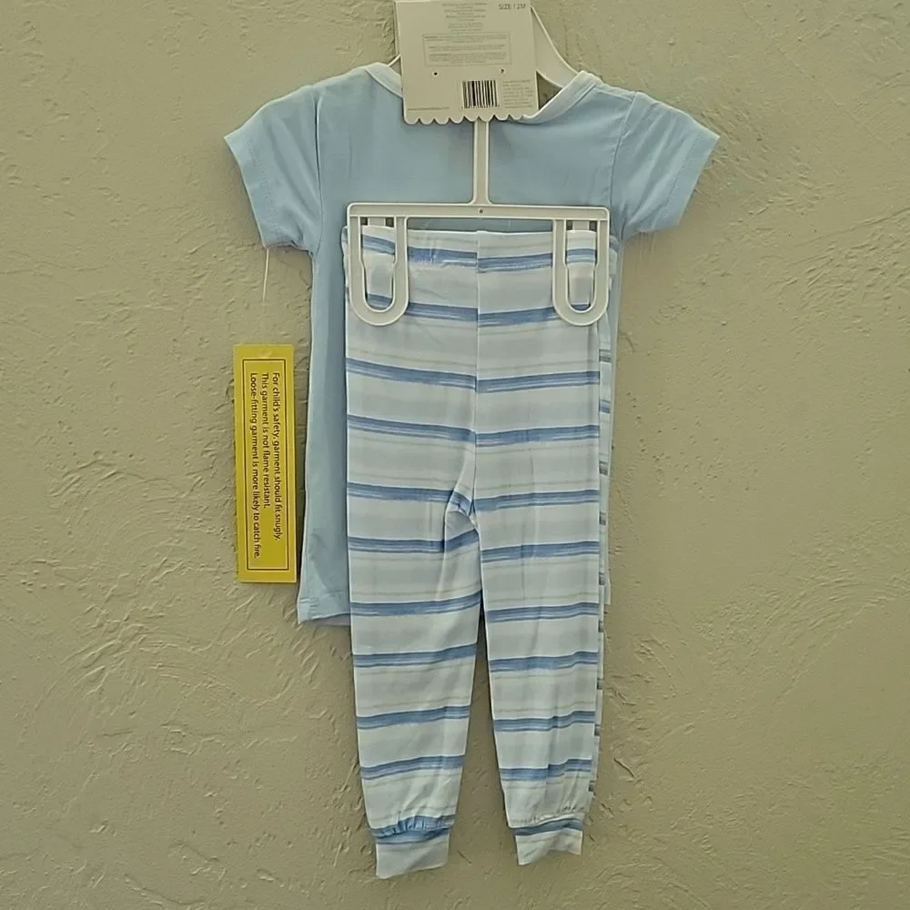 RABBIT MOON 2-PC LIGHT BLUE AND WHITE STRIPED BUNNY PAJAMAS, SZ 12 MONTHS - NEW!